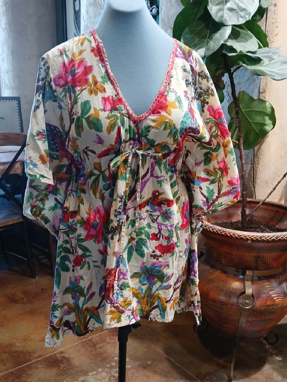 Boho Floral V-Neck Tie-Front Tunic Top/Mini Dress -Cream Multicolor Floral Print